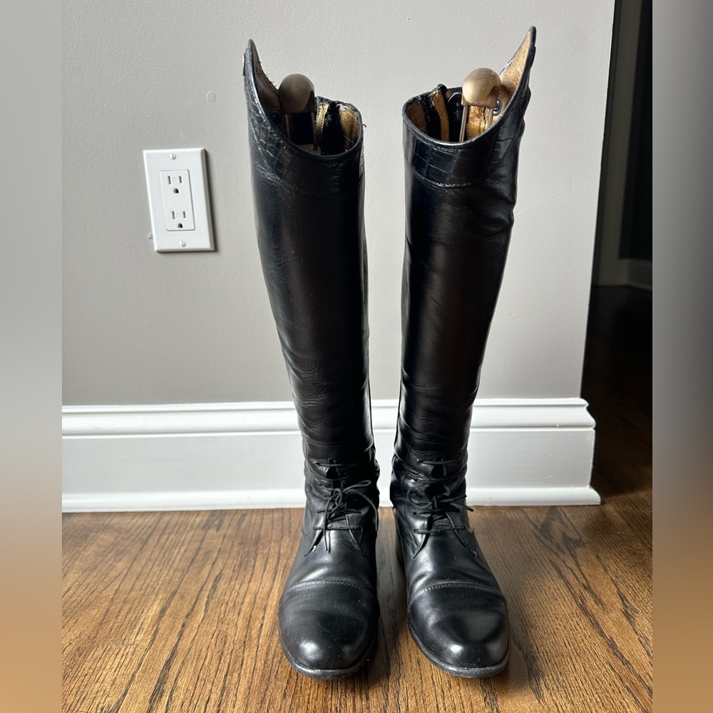 Faux Croc Trimmed Black Riding Boots
